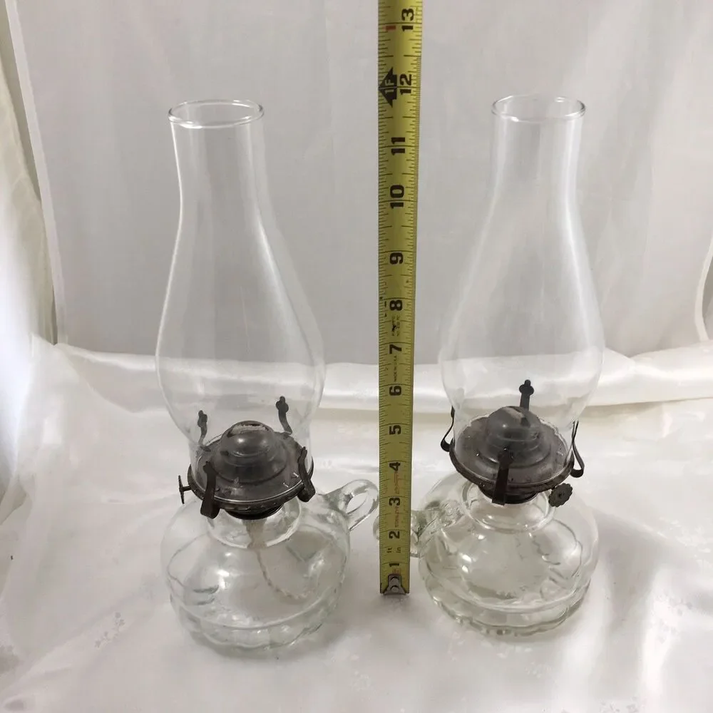 lot of 2 Matching Chamber Glass Oil Lamps Clear Glass with Handle